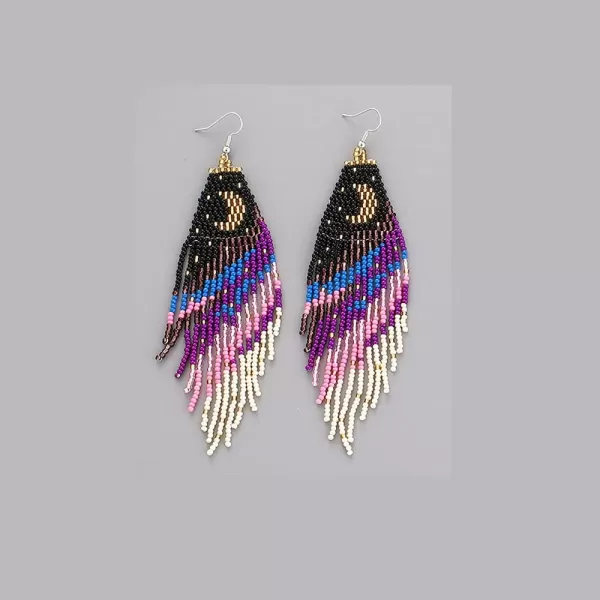 Boho Beaded Moon Long Fringe Drop Dangle Earrrings for Women Girls Handmade Colorful Ball Bead Seed Tassel Chandelier Night Sky Star Hook Stud Bohemian Native Statement Earring Delicate Y2K JewelryGold Crescent