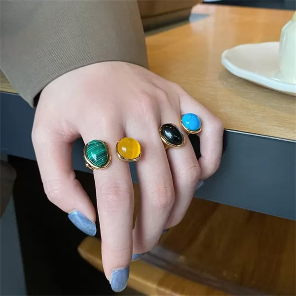 Boho Cat Eyes Statement Open Band Ring for Women Girls Gold Plated Bohemian Imitation Green Texture Malachite Yellow Opal Finger Rings Comfort Fit Retro Y2K JewelryBoho Cat Eyes Statement Open Band Ring for Women Girls Gold Plated Bohemian Imitation Green Texture Malachite Yellow Opal Finger Rings Comfort Fit Retro Y2K Jewelry