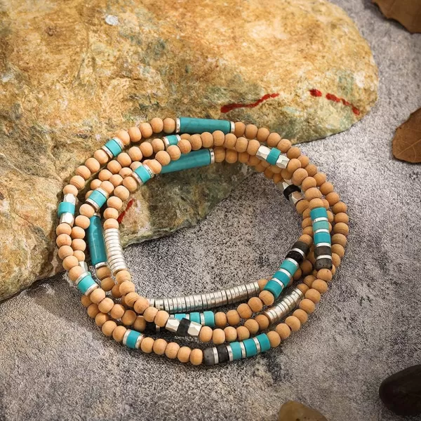 Boho Handmade Wooden Bead Bracelet for Women Girls Layered Turquoise Ball Beads Stretched Wrap Charm Chain Necklace Vintage Bohemian Jewelry GiftBoho Handmade Wooden Bead Bracelet for Women Girls Layered Turquoise Ball Beads Stretched Wrap Charm Chain Necklace Vintage Bohemian Jewelry Gift