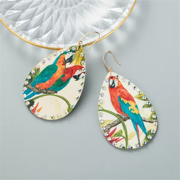 Boho Leather Bird Teardrop Earrings for Women Girls Leaf Flower Printing AB Crystal Long Big Tropical Parrot Statement Drop Dangle Hook Handmade Lightweight Bohemian Antique Beachy Christmas JewelryGreen Wings