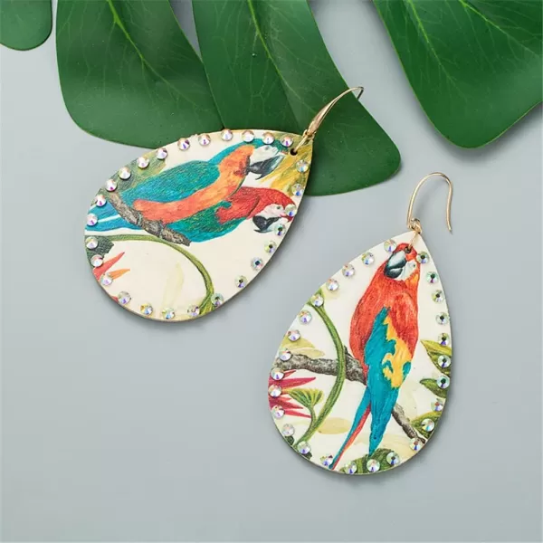 Boho Leather Bird Teardrop Earrings for Women Girls Leaf Flower Printing AB Crystal Long Big Tropical Parrot Statement Drop Dangle Hook Handmade Lightweight Bohemian Antique Beachy Christmas JewelryGreen Wings