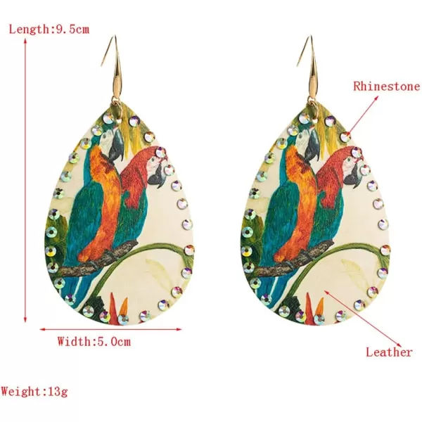 Boho Leather Bird Teardrop Earrings for Women Girls Leaf Flower Printing AB Crystal Long Big Tropical Parrot Statement Drop Dangle Hook Handmade Lightweight Bohemian Antique Beachy Christmas JewelryGreen Wings
