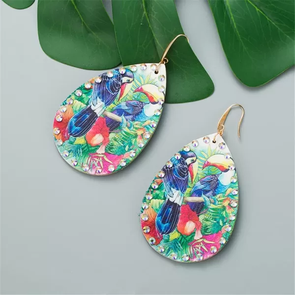 Boho Leather Bird Teardrop Earrings for Women Girls Leaf Flower Printing AB Crystal Long Big Tropical Parrot Statement Drop Dangle Hook Handmade Lightweight Bohemian Antique Beachy Christmas JewelryBlue Wings