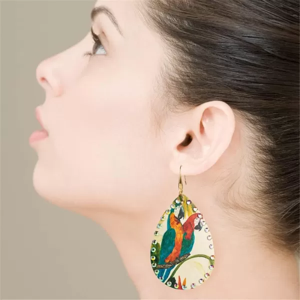 Boho Leather Bird Teardrop Earrings for Women Girls Leaf Flower Printing AB Crystal Long Big Tropical Parrot Statement Drop Dangle Hook Handmade Lightweight Bohemian Antique Beachy Christmas JewelryGreen Wings