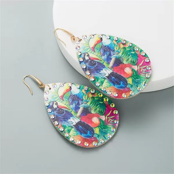 Boho Leather Bird Teardrop Earrings for Women Girls Leaf Flower Printing AB Crystal Long Big Tropical Parrot Statement Drop Dangle Hook Handmade Lightweight Bohemian Antique Beachy Christmas JewelryBlue Wings