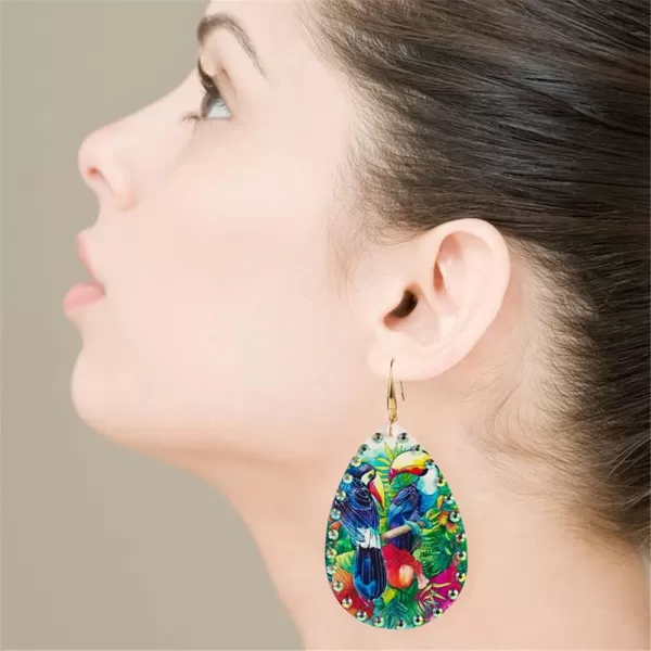 Boho Leather Bird Teardrop Earrings for Women Girls Leaf Flower Printing AB Crystal Long Big Tropical Parrot Statement Drop Dangle Hook Handmade Lightweight Bohemian Antique Beachy Christmas JewelryBlue Wings