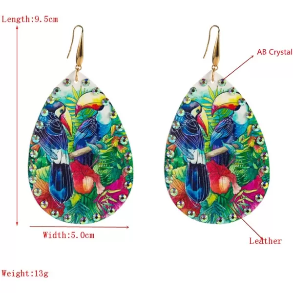 Boho Leather Bird Teardrop Earrings for Women Girls Leaf Flower Printing AB Crystal Long Big Tropical Parrot Statement Drop Dangle Hook Handmade Lightweight Bohemian Antique Beachy Christmas JewelryBlue Wings