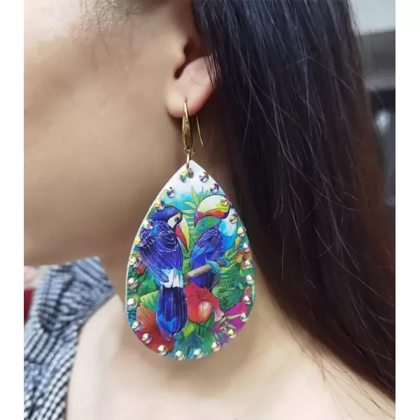Boho Leather Bird Teardrop Earrings for Women Girls Leaf Flower Printing AB Crystal Long Big Tropical Parrot Statement Drop Dangle Hook Handmade Lightweight Bohemian Antique Beachy Christmas JewelryBlue Wings