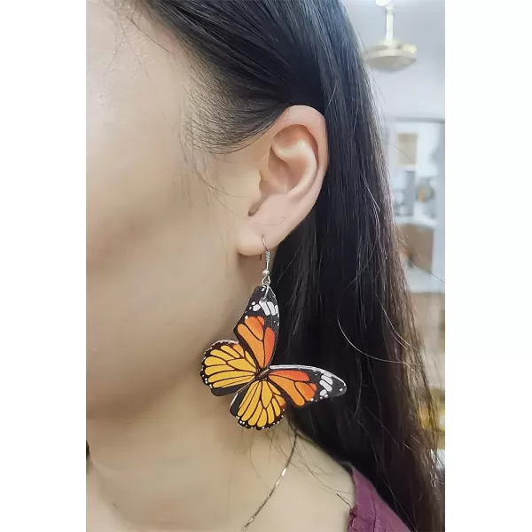 Boho Leather Butterfly Dangle Hook Earrings for Women Girls Colorful Animal Insect Monarch Butterflies Statement Drop Dangling Lightweight Earring Nickel Free Summer Beach Vacation Party Y2K JewelryOrange