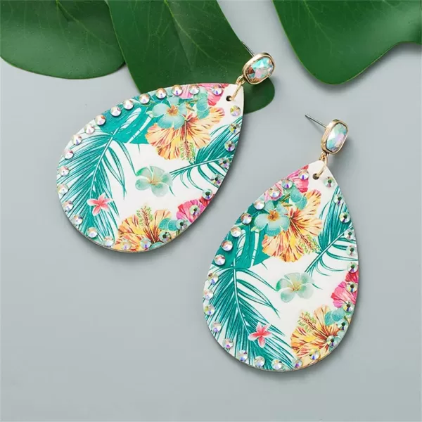 Boho Leather Teardrop Earrings for Women Girls Leaf Flower Printing AB Crystal Long Big Summer Statement Drop Dangle Hook Stud Handmade Lightweight Bohemian Antique Beachy JewelryTropical Plant