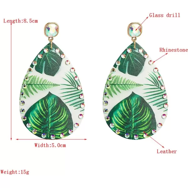 Boho Leather Teardrop Earrings for Women Girls Leaf Flower Printing AB Crystal Long Big Summer Statement Drop Dangle Hook Stud Handmade Lightweight Bohemian Antique Beachy JewelryPalm Leaves