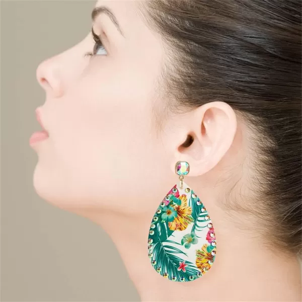 Boho Leather Teardrop Earrings for Women Girls Leaf Flower Printing AB Crystal Long Big Summer Statement Drop Dangle Hook Stud Handmade Lightweight Bohemian Antique Beachy JewelryTropical Plant