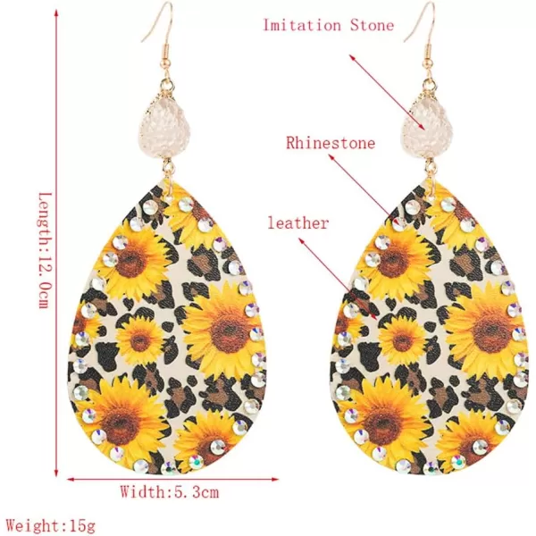Boho Leather Teardrop Earrings for Women Girls Leaf Flower Printing AB Crystal Long Big Summer Statement Drop Dangle Hook Stud Handmade Lightweight Bohemian Antique Beachy JewelryLeopard Print