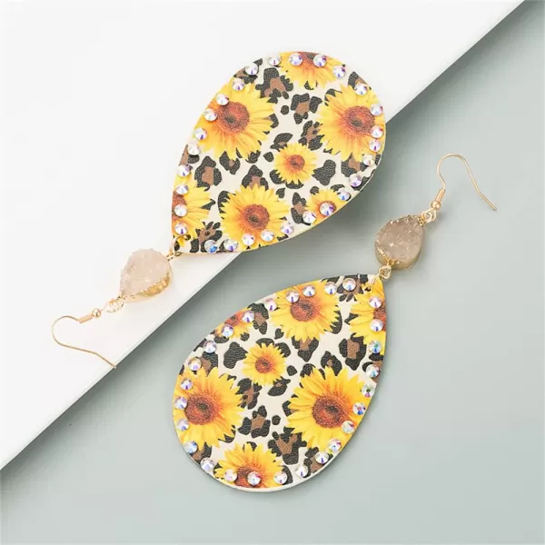 Boho Leather Teardrop Earrings for Women Girls Leaf Flower Printing AB Crystal Long Big Summer Statement Drop Dangle Hook Stud Handmade Lightweight Bohemian Antique Beachy JewelryLeopard Print