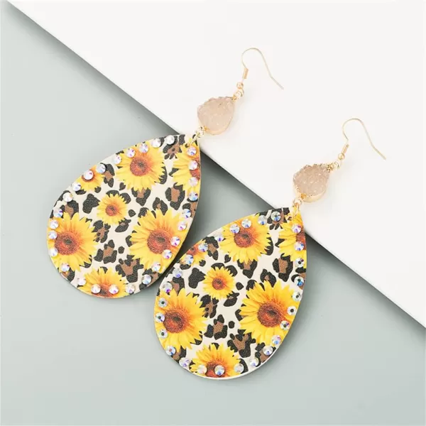 Boho Leather Teardrop Earrings for Women Girls Leaf Flower Printing AB Crystal Long Big Summer Statement Drop Dangle Hook Stud Handmade Lightweight Bohemian Antique Beachy JewelryLeopard Print