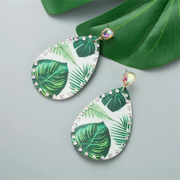 Boho Leather Teardrop Earrings for Women Girls Leaf Flower Printing AB Crystal Long Big Summer Statement Drop Dangle Hook Stud Handmade Lightweight Bohemian Antique Beachy JewelryPalm Leaves
