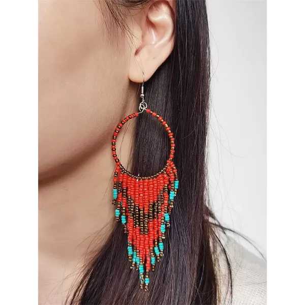 Boho Long Fringe Drop Dangle Statement Earrings for Women Girls Hademade Ball Beads Hoop Tassel Chain Woven Dangling Hook Chandelier Tribal Exaggerated Dreamcatcher JewelryRed
