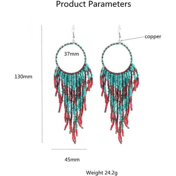 Boho Long Fringe Drop Dangle Statement Earrings for Women Girls Hademade Ball Beads Hoop Tassel Chain Woven Dangling Hook Chandelier Tribal Exaggerated Dreamcatcher JewelryBlue