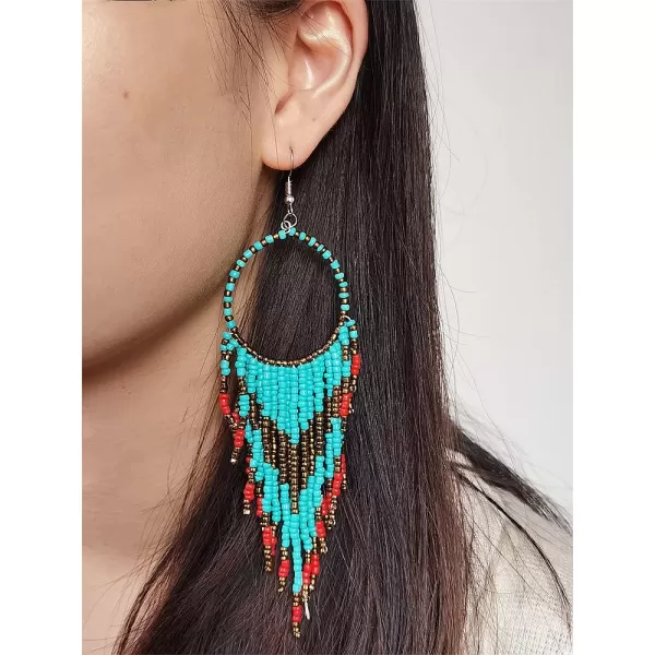 Boho Long Fringe Drop Dangle Statement Earrings for Women Girls Hademade Ball Beads Hoop Tassel Chain Woven Dangling Hook Chandelier Tribal Exaggerated Dreamcatcher JewelryBlue