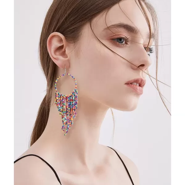 Boho Long Fringe Drop Dangle Statement Earrings for Women Girls Hademade Ball Beads Hoop Tassel Chain Woven Dangling Hook Chandelier Tribal Exaggerated Dreamcatcher JewelryColorful