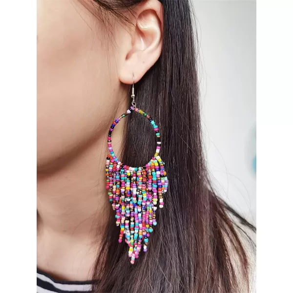 Boho Long Fringe Drop Dangle Statement Earrings for Women Girls Hademade Ball Beads Hoop Tassel Chain Woven Dangling Hook Chandelier Tribal Exaggerated Dreamcatcher JewelryColorful