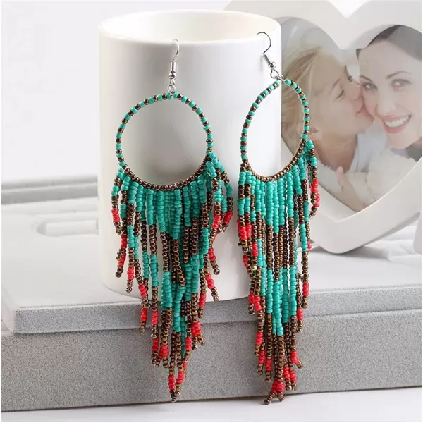 Boho Long Fringe Drop Dangle Statement Earrings for Women Girls Hademade Ball Beads Hoop Tassel Chain Woven Dangling Hook Chandelier Tribal Exaggerated Dreamcatcher JewelryBlue