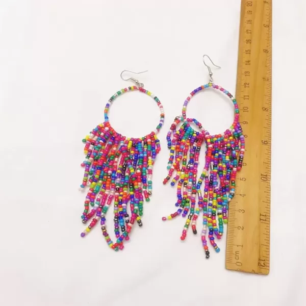 Boho Long Fringe Drop Dangle Statement Earrings for Women Girls Hademade Ball Beads Hoop Tassel Chain Woven Dangling Hook Chandelier Tribal Exaggerated Dreamcatcher JewelryColorful