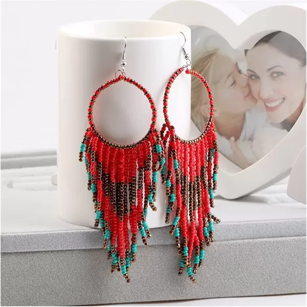 Boho Long Fringe Drop Dangle Statement Earrings for Women Girls Hademade Ball Beads Hoop Tassel Chain Woven Dangling Hook Chandelier Tribal Exaggerated Dreamcatcher JewelryRed