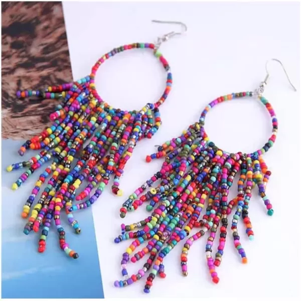 Boho Long Fringe Drop Dangle Statement Earrings for Women Girls Hademade Ball Beads Hoop Tassel Chain Woven Dangling Hook Chandelier Tribal Exaggerated Dreamcatcher JewelryColorful