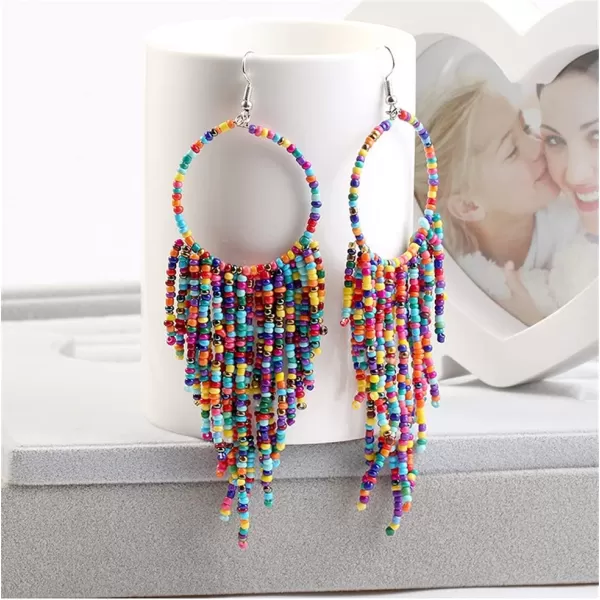 Boho Long Fringe Drop Dangle Statement Earrings for Women Girls Hademade Ball Beads Hoop Tassel Chain Woven Dangling Hook Chandelier Tribal Exaggerated Dreamcatcher JewelryColorful