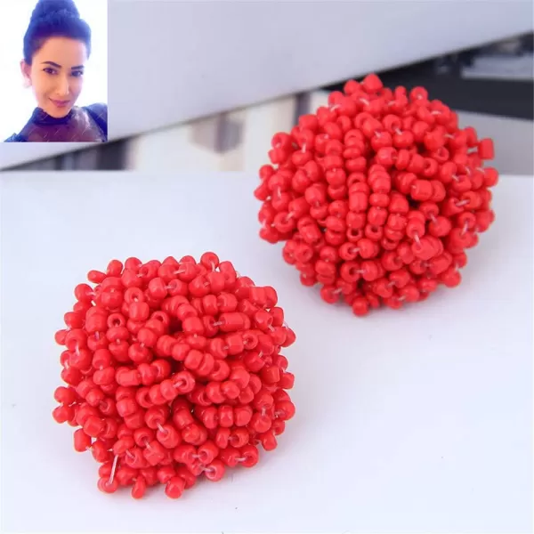 Boho Statement Beaded Stud Earrings for Women Teen Girls Piercing Ear Big Round Cuff Post Screw Back Bohemia Handmade Colorful Seed Mini Beads Cluster Wrap Whimsical Fashion Earrings Jewelryred
