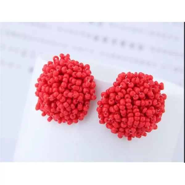 Boho Statement Beaded Stud Earrings for Women Teen Girls Piercing Ear Big Round Cuff Post Screw Back Bohemia Handmade Colorful Seed Mini Beads Cluster Wrap Whimsical Fashion Earrings Jewelryred
