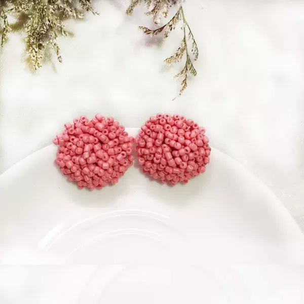 Boho Statement Beaded Stud Earrings for Women Teen Girls Piercing Ear Big Round Cuff Post Screw Back Bohemia Handmade Colorful Seed Mini Beads Cluster Wrap Whimsical Fashion Earrings Jewelrypink