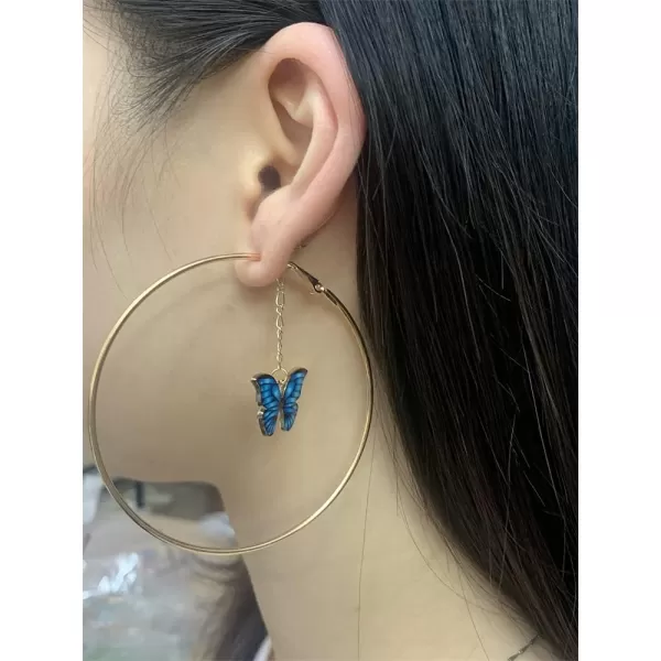 Butterfly Dangle Big Hoop Earrings for Women Girls 14K Gold Plated Large Loop Earring Tassel Chain Drop Elegant Insect Animal Jewelry 70mm BlueButterfly Dangle Big Hoop Earrings for Women Girls 14K Gold Plated Large Loop Earring Tassel Chain Drop Elegant Insect Animal Jewelry 70mm Blue