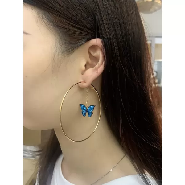 Butterfly Dangle Big Hoop Earrings for Women Girls 14K Gold Plated Large Loop Earring Tassel Chain Drop Elegant Insect Animal Jewelry 70mm BlueButterfly Dangle Big Hoop Earrings for Women Girls 14K Gold Plated Large Loop Earring Tassel Chain Drop Elegant Insect Animal Jewelry 70mm Blue