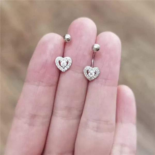 CZ Bezel Heart Dangle Ball Half Small Piercing Hoop Stud Earrings for Women Girls Sterling Silver Crystal Love Drop Cartilage Huggie Hoops Tragus Curved Barbell Daith Rook Ear Body Ring 20GSilver