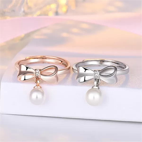 CZ Bow 14K Rose Gold Plated Engagement Promise Ring for Women Girls Butterfly Imitation 8mm Pearl Charm Drop Adjustable Open Band Finger Rings Comfort Fit Elegant Wedding Birthday Party GiftCZ Bow 14K Rose Gold Plated Engagement Promise Ring for Women Girls Butterfly Imitation 8mm Pearl Charm Drop Adjustable Open Band Finger Rings Comfort Fit Elegant Wedding Birthday Party Gift