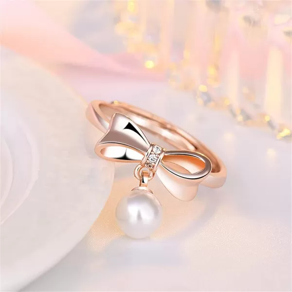 CZ Bow 14K Rose Gold Plated Engagement Promise Ring for Women Girls Butterfly Imitation 8mm Pearl Charm Drop Adjustable Open Band Finger Rings Comfort Fit Elegant Wedding Birthday Party GiftCZ Bow 14K Rose Gold Plated Engagement Promise Ring for Women Girls Butterfly Imitation 8mm Pearl Charm Drop Adjustable Open Band Finger Rings Comfort Fit Elegant Wedding Birthday Party Gift