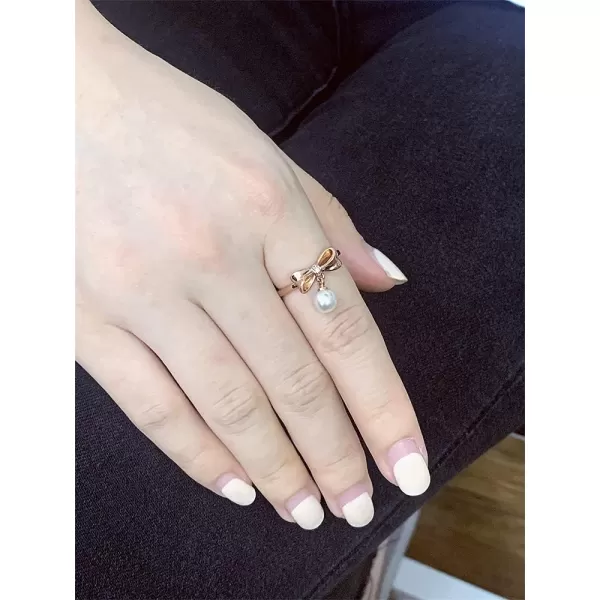 CZ Bow 14K Rose Gold Plated Engagement Promise Ring for Women Girls Butterfly Imitation 8mm Pearl Charm Drop Adjustable Open Band Finger Rings Comfort Fit Elegant Wedding Birthday Party GiftCZ Bow 14K Rose Gold Plated Engagement Promise Ring for Women Girls Butterfly Imitation 8mm Pearl Charm Drop Adjustable Open Band Finger Rings Comfort Fit Elegant Wedding Birthday Party Gift