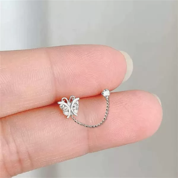 CZ Butterfly Double Piercing Cuff Stud Earrings for Women Girls 925 Sterling Silver Tassel Chain Dangle Drop Hypoallergenic Dainty Animal Insect Jewelry Gifts Birthday WeddingSilver