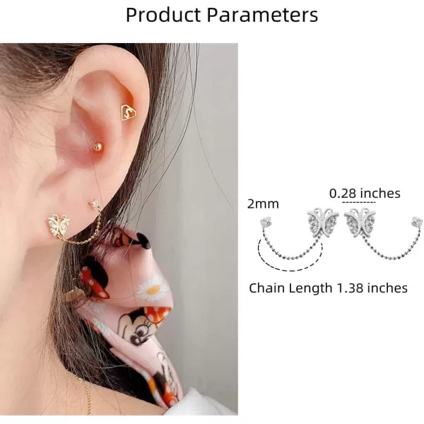 CZ Butterfly Double Piercing Cuff Stud Earrings for Women Girls 925 Sterling Silver Tassel Chain Dangle Drop Hypoallergenic Dainty Animal Insect Jewelry Gifts Birthday WeddingGold