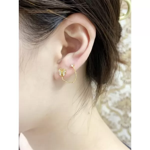 CZ Butterfly Double Piercing Cuff Stud Earrings for Women Girls 925 Sterling Silver Tassel Chain Dangle Drop Hypoallergenic Dainty Animal Insect Jewelry Gifts Birthday WeddingGold