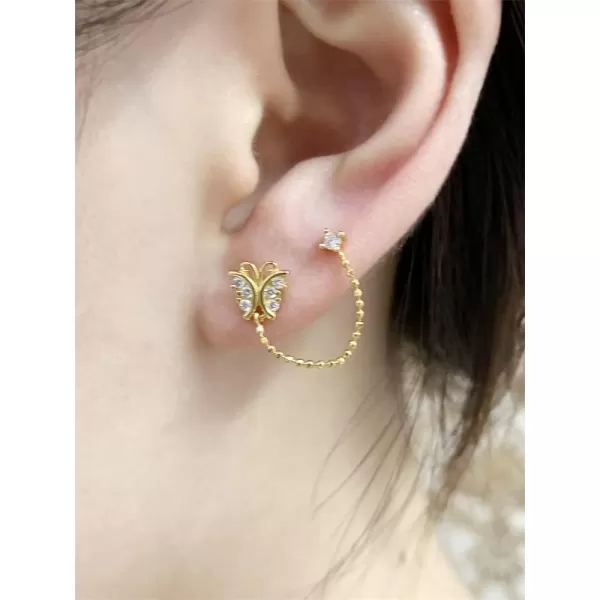 CZ Butterfly Double Piercing Cuff Stud Earrings for Women Girls 925 Sterling Silver Tassel Chain Dangle Drop Hypoallergenic Dainty Animal Insect Jewelry Gifts Birthday WeddingGold