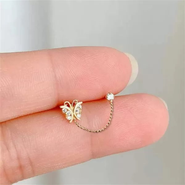 CZ Butterfly Double Piercing Cuff Stud Earrings for Women Girls 925 Sterling Silver Tassel Chain Dangle Drop Hypoallergenic Dainty Animal Insect Jewelry Gifts Birthday WeddingGold