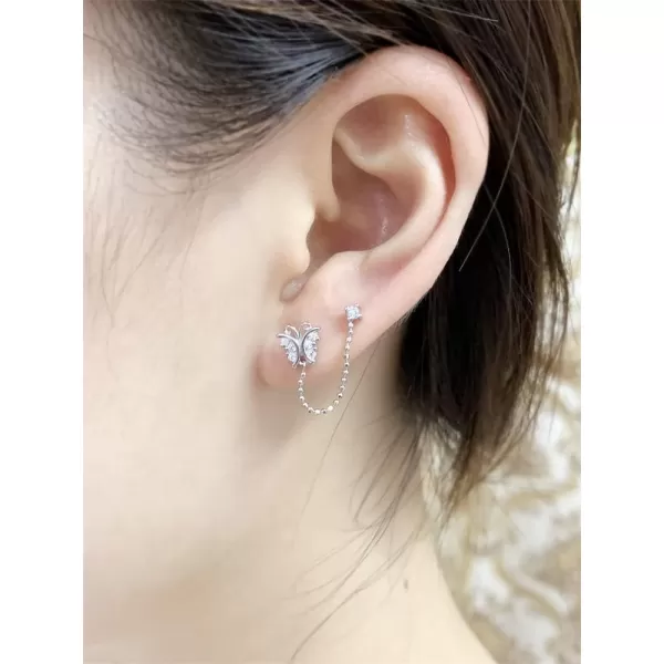 CZ Butterfly Double Piercing Cuff Stud Earrings for Women Girls 925 Sterling Silver Tassel Chain Dangle Drop Hypoallergenic Dainty Animal Insect Jewelry Gifts Birthday WeddingSilver