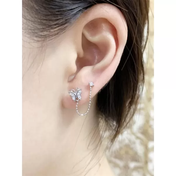 CZ Butterfly Double Piercing Cuff Stud Earrings for Women Girls 925 Sterling Silver Tassel Chain Dangle Drop Hypoallergenic Dainty Animal Insect Jewelry Gifts Birthday WeddingSilver