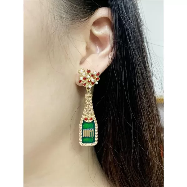 CZ Champagne Bottle Dangle Earrings for Women Girls Handmade Rhinestone Crystal Stud Celebration Statement Drop Dangling Dainty Wedding Birthday Christmas Party Jewelry Cute GiftsRed