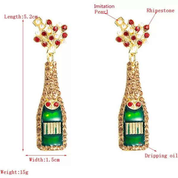 CZ Champagne Bottle Dangle Earrings for Women Girls Handmade Rhinestone Crystal Stud Celebration Statement Drop Dangling Dainty Wedding Birthday Christmas Party Jewelry Cute GiftsRed