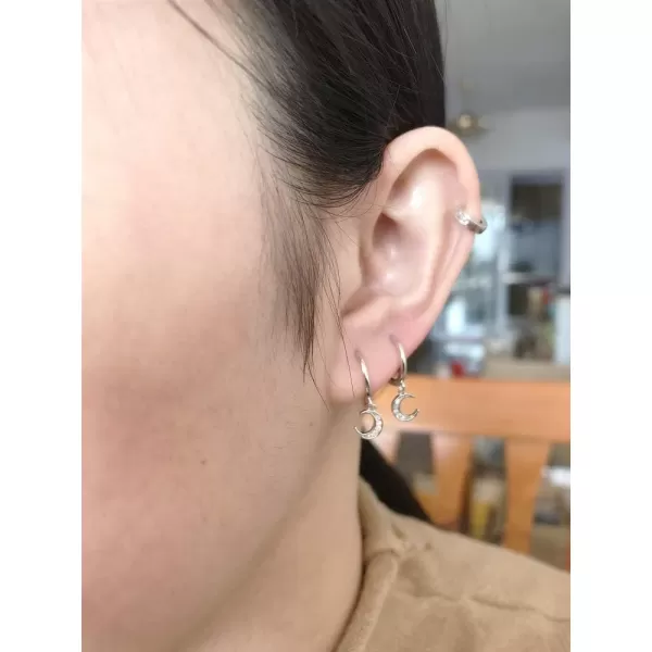 CZ Crescent Moon Star Dangle Hoop Earrings for Women Girls Sterling Silver with Charms Crystal Drop Cartilage Cute Jewelry Fashion Dainty Gifts for Best Friend85mm Silver Moon