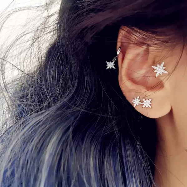 CZ Crescent Moon Star Dangle Hoop Earrings for Women Girls Sterling Silver with Charms Crystal Drop Cartilage Cute Jewelry Fashion Dainty Gifts for Best Friend65mm Silver Star
